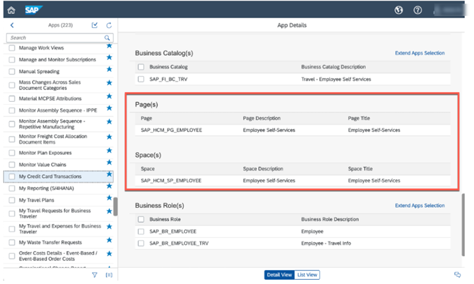 Spaces and Pages listed in the Configuration section for app F6506 My Credit Card Transaction