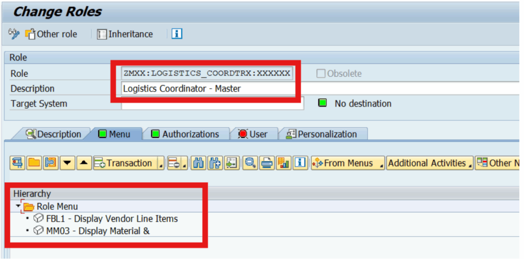 SAP Change Roles Required t-codes added to the Master role