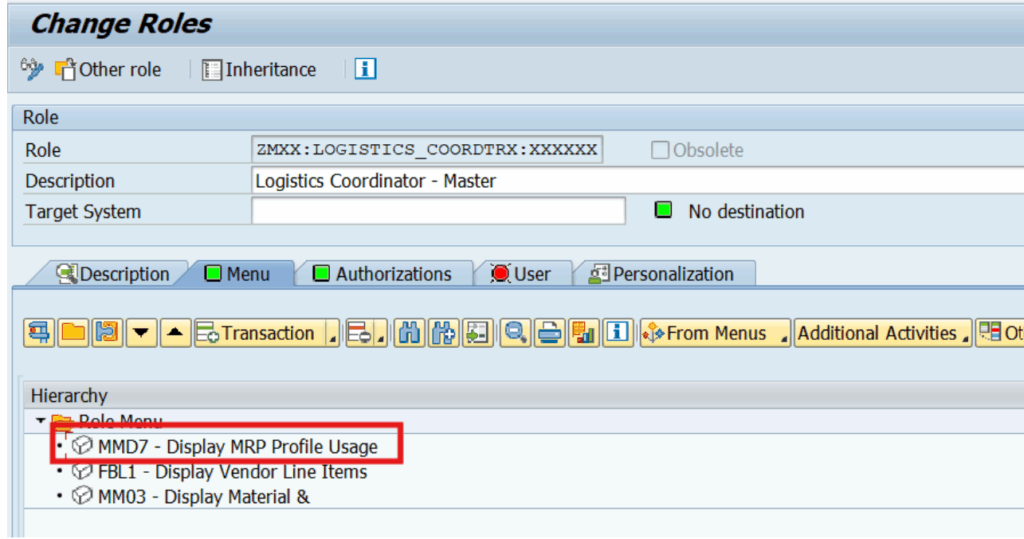 SAP Change Roles Tcode added to Master
