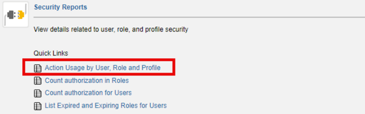 Within the 'Security Reports' section, select 'Action Usage by User, Role and Profile'.